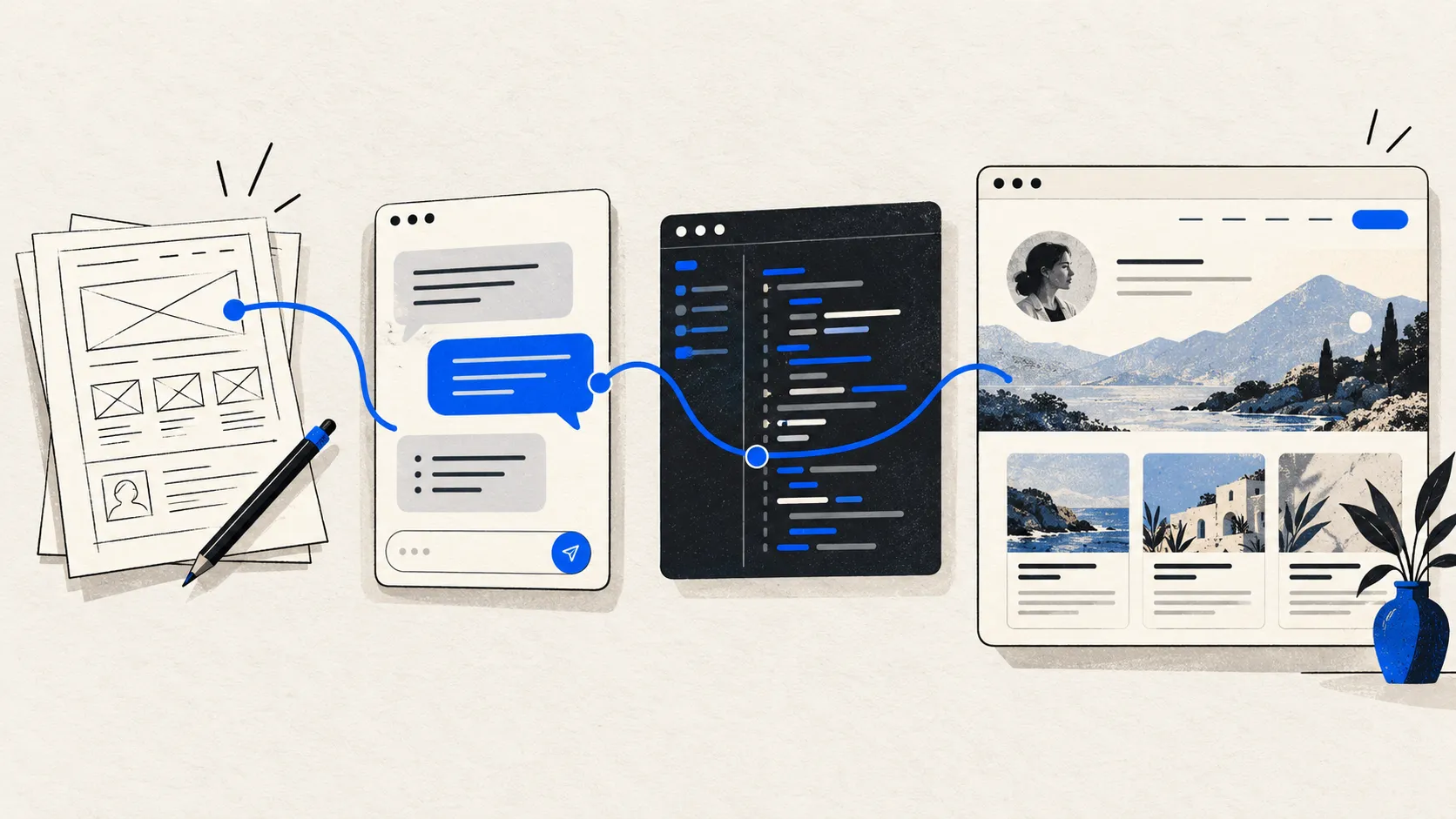 A cobalt line connects a website sketch, an AI conversation, a code editor, and a finished website.